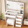 imageANWBROAD 354quot Vanity Desk with Mirror and Lights Makeup Vanity Table with Glass Top Power Outlet 5 Drawers 3 Storage Shelves Stool Small White Dressing Table 3 Color Modes for Bedroom Girls UBDT74W