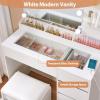 imageANWBROAD 354quot Vanity Desk with Mirror and Lights Makeup Vanity Table with Glass Top Power Outlet 5 Drawers 3 Storage Shelves Stool Small White Dressing Table 3 Color Modes for Bedroom Girls UBDT74W