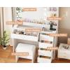 imageANWBROAD 354quot Vanity Desk with Mirror and Lights Makeup Vanity Table with Glass Top Power Outlet 5 Drawers 3 Storage Shelves Stool Small White Dressing Table 3 Color Modes for Bedroom Girls UBDT74W