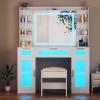 imageANWBROAD 433quot Large Vanity Desk with Mirror and Lights White Makeup Desk Set with Power Outlet and Remote RGB Vanity with 3 Drawers 2 Cabinets ampamp Stool Dressing Table for Girls Women Bedroom UBDT85W