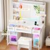 imageANWBROAD 433quot Large Vanity Desk with Mirror and Lights White Makeup Desk Set with Power Outlet and Remote RGB Vanity with 3 Drawers 2 Cabinets ampamp Stool Dressing Table for Girls Women Bedroom UBDT85W