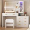 imageANWBROAD 518quot Vanity Desk with Mirror and Lights Makeup Vanity Desk with Lights 3 Colors Large White Vanity Dresser Combow RGB 8 Drawers with Charging Station Stool Shelves for Girls Women UBDT77W