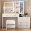 imageANWBROAD 518quot Vanity Desk with Mirror and Lights Makeup Vanity Desk with Lights 3 Colors Large White Vanity Dresser Combow RGB 8 Drawers with Charging Station Stool Shelves for Girls Women UBDT77W