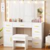 imageANWBROAD Large Vanity Desk with Lighted Mirror White Makeup Vanity Set with Glass Top ampamp Power Outlet ampamp 7 Drawers Storage 3 Color Lighting Modes Dressing Table with Stool for Bedroom Women Girl UBDT83W