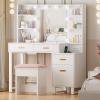 imageANWBROAD Makeup Vanity Desk Vanity Set with 10 LED Bulbs Lighted Mirror Makeup Vanity Table Set with Charging Station Nightstand 3 Colors Modes Dimming Cushioned Stool Large Mirror White UBDT53W
