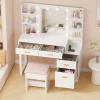 imageANWBROAD Makeup Vanity Desk Vanity Set with 10 LED Bulbs Lighted Mirror Makeup Vanity Table Set with Charging Station Nightstand 3 Colors Modes Dimming Cushioned Stool Large Mirror White UBDT53W