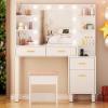 imageANWBROAD Makeup Vanity Desk Vanity Set with 10 LED Bulbs Lighted Mirror Makeup Vanity Table Set with Charging Station Nightstand 3 Colors Modes Dimming Cushioned Stool Large Mirror White UBDT53W