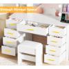 imageANWBROAD Makeup Vanity Desk with Lights White Vanity Desk with Mirror and Lights 3 Colors 9 Drawers 6 Storage Shelves 5 Hooks Dressing Table with Stool Power Outlet for Bedroom Girls Women UBDT87W