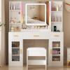 imageANWBROAD Vanity Desk with Mirror and Lights 3 Colors 433quot Makeup Vanity Table Set with RGB Lights and Power Strip Large with 3 Drawers White Dressing Table Stool for Women Girls Bedroom UBDT78W