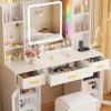 imageANWBROAD Vanity Desk with Mirror and Lights 3 Colors 433quot Makeup Vanity Table Set with RGB Lights and Power Strip Large with 3 Drawers White Dressing Table Stool for Women Girls Bedroom UBDT78W