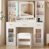 imageANWBROAD Vanity Desk with Mirror and Lights 3 Colors 433quot Makeup Vanity Table Set with RGB Lights and Power Strip Large with 3 Drawers White Dressing Table Stool for Women Girls Bedroom UBDT78W