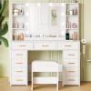 imageANWBROAD White Vanity Desk with Mirror and Lights Makeup Vanity Desk with Power Outlet 11 Drawers 9 Shelves Hair Dryer Stand 3 Color Lighting Modes Vanity Table with Stool for Bedroom Women UBDT86W