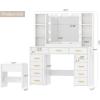 imageANWBROAD White Vanity Desk with Mirror and Lights Makeup Vanity Desk with Power Outlet 11 Drawers 9 Shelves Hair Dryer Stand 3 Color Lighting Modes Vanity Table with Stool for Bedroom Women UBDT86W