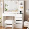 imageANWBROAD 354quot Vanity Desk with Mirror and Lights Makeup Vanity Table with Glass Top Power Outlet 5 Drawers 3 Storage Shelves Stool Small White Dressing Table 3 Color Modes for Bedroom Girls UBDT74W