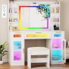imageANWBROAD 433quot Large Vanity Desk with Mirror and Lights White Makeup Desk Set with Power Outlet and Remote RGB Vanity with 3 Drawers 2 Cabinets ampamp Stool Dressing Table for Girls Women Bedroom UBDT85W