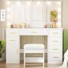 imageANWBROAD Large Vanity Desk with Lighted Mirror White Makeup Vanity Set with Glass Top ampamp Power Outlet ampamp 7 Drawers Storage 3 Color Lighting Modes Dressing Table with Stool for Bedroom Women Girl UBDT83W