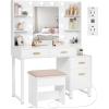 imageANWBROAD Makeup Vanity Desk Vanity Set with 10 LED Bulbs Lighted Mirror Makeup Vanity Table Set with Charging Station Nightstand 3 Colors Modes Dimming Cushioned Stool Large Mirror White UBDT53W