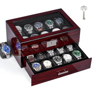 imageANWBROAD 20 Slot Watch Box for Men and Women  2Tier Display Case With Large Glass Lid Lockable Wooden Organizer Luxurious Holder UJWB002Y