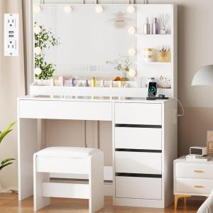 imageANWBROAD 354quot Vanity Desk with Mirror and Lights Makeup Vanity Table with Glass Top Power Outlet 5 Drawers 3 Storage Shelves Stool Small White Dressing Table 3 Color Modes for Bedroom Girls UBDT74W