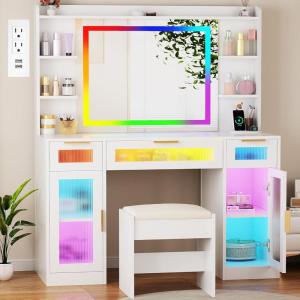 imageANWBROAD 433quot Large Vanity Desk with Mirror and Lights White Makeup Desk Set with Power Outlet and Remote RGB Vanity with 3 Drawers 2 Cabinets ampamp Stool Dressing Table for Girls Women Bedroom UBDT85W