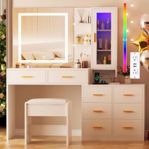 imageANWBROAD 518quot Vanity Desk with Mirror and Lights Makeup Vanity Desk with Lights 3 Colors Large White Vanity Dresser Combow RGB 8 Drawers with Charging Station Stool Shelves for Girls Women UBDT77W