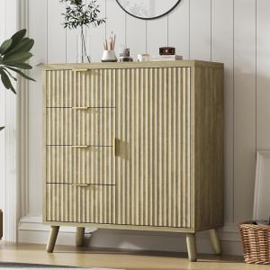 imageANWBROAD Fluted Sideboard Buffet Cabinet with Storage Coffee Bar Cabinet Accent Cabinet with 4 Drawers and Adjustable Shelf Entryway Cabinet for Entrance Living Room Kitchen Natural ULSC013