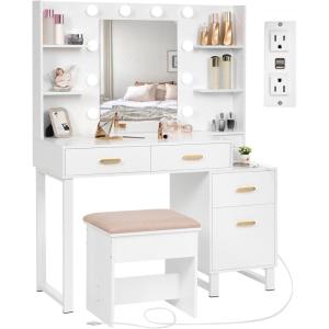 imageANWBROAD Makeup Vanity Desk Vanity Set with 10 LED Bulbs Lighted Mirror Makeup Vanity Table Set with Charging Station Nightstand 3 Colors Modes Dimming Cushioned Stool Large Mirror White UBDT53W