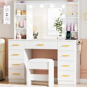imageANWBROAD Makeup Vanity Desk with Lights White Vanity Desk with Mirror and Lights 3 Colors 9 Drawers 6 Storage Shelves 5 Hooks Dressing Table with Stool Power Outlet for Bedroom Girls Women UBDT87W