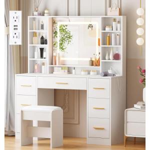 imageANWBROAD Vanity Desk Table with Lighted Mirror 394 Girls Makeup Vanity with Power Outlet 3 Colors Lighting Adjustable Brightness Vanity Table for Women Bedroom Dressing Room White UBDT65W