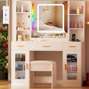 imageANWBROAD Vanity Desk with Mirror and Lights 3 Colors 433quot Makeup Vanity Table Set with RGB Lights and Power Strip Large with 3 Drawers White Dressing Table Stool for Women Girls Bedroom UBDT78W