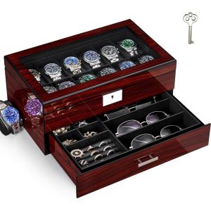 imageANWBROAD Watch Box Storage Watch Cases for Men with Large Glass Lid 2Tier Wood Watch Display Case Lockable Watch Organizer Giftable Luxurious Watch Holder for Women UJWB003Y