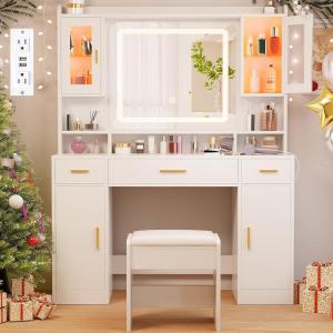 imageANWBROAD White Vanity Desk with Mirror and Lights Large Makeup Vanity Table Set with 2 RGB Storage 3 Drawers Modern Dressing Table with Power Outlet ampamp Chair RGB Ambient Light for Girls Bedroom UBDT66Cwith RGB Lights