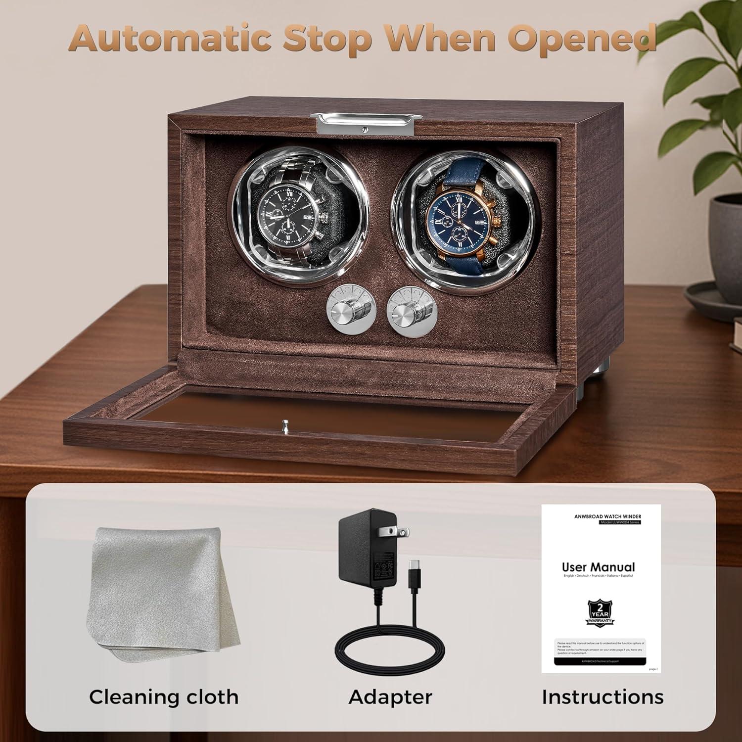 imageANWBROAD Double Watch Winder Automatic Watch Winder for Automatic Watches Dual Watch Winder Box with TypeC Port Adapter 4 Modes Quiet Mabuchi Motor LED Light UJWW004M