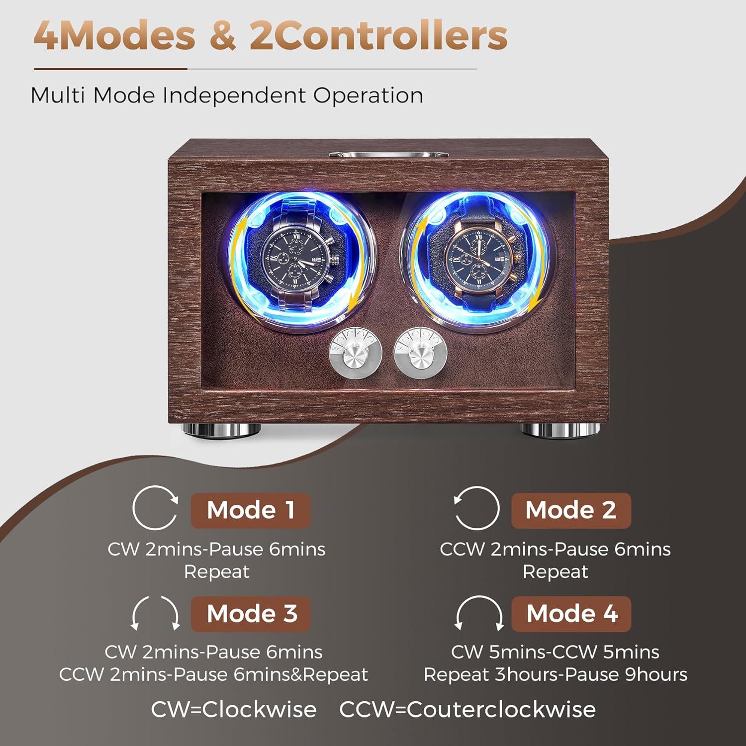 imageANWBROAD Double Watch Winder Automatic Watch Winder for Automatic Watches Dual Watch Winder Box with TypeC Port Adapter 4 Modes Quiet Mabuchi Motor LED Light UJWW004M