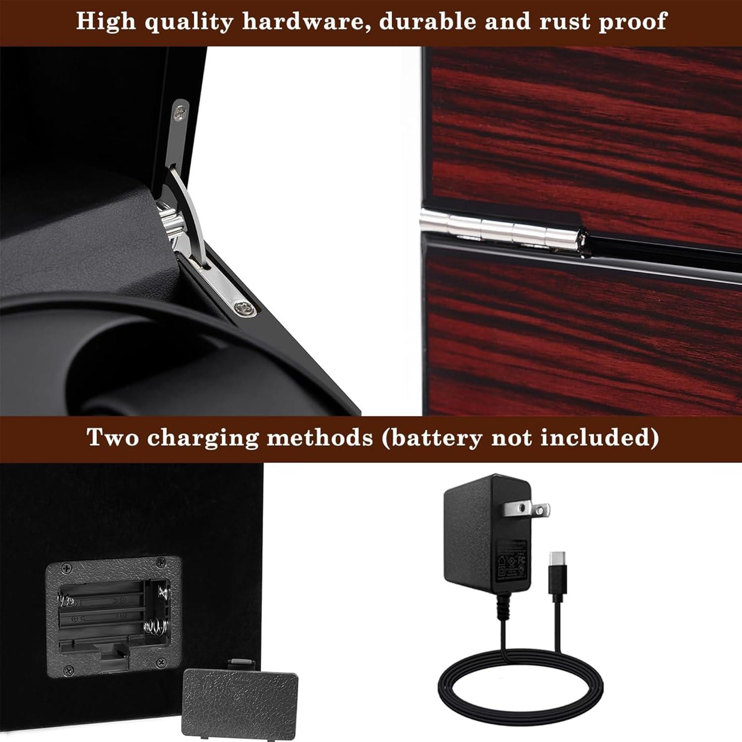 imageANWBROAD Watch Winder for Automatic Watches Double with Super Quiet Motor Flexible Watch Pillows LED Backlight Wooden 5 Modes Battery or TypeC Adapter UJWW001YRed