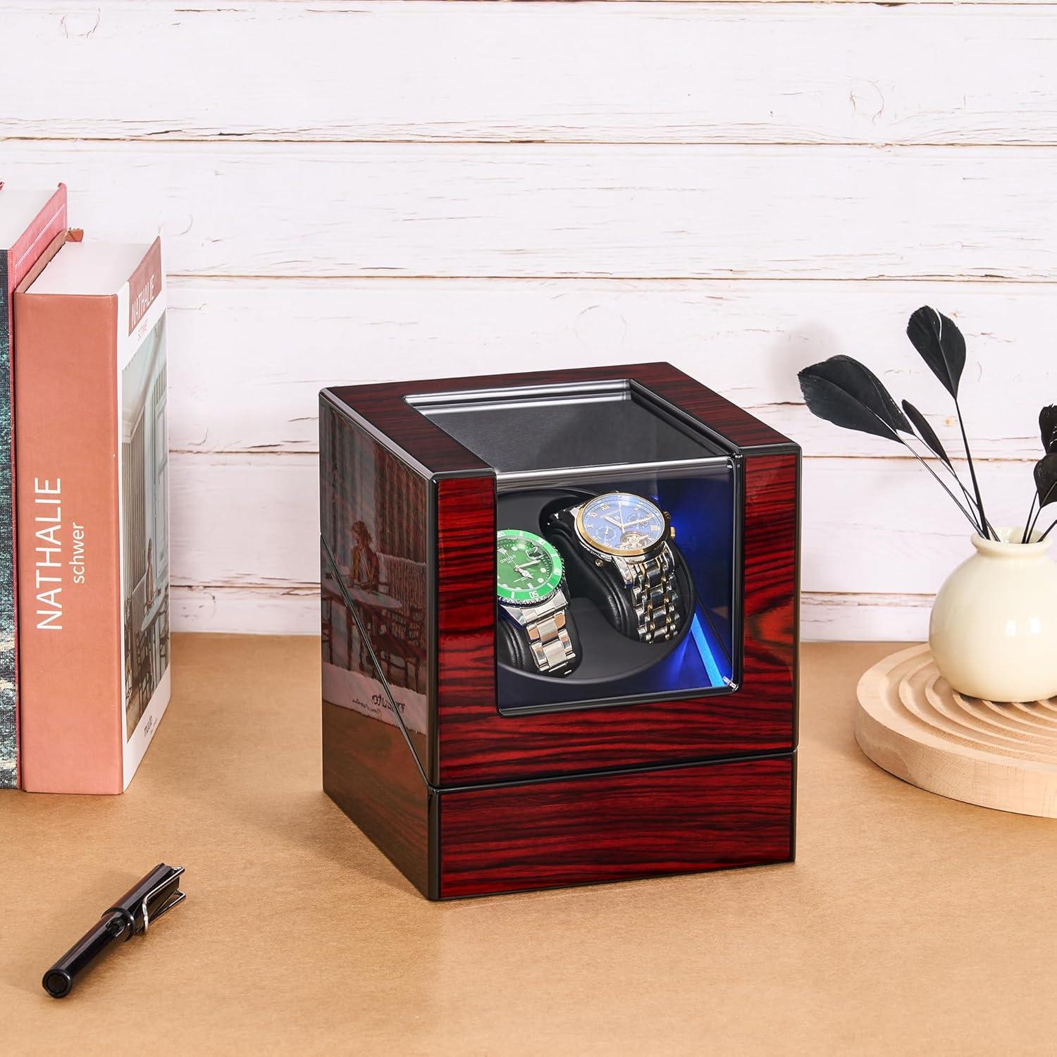 imageANWBROAD Watch Winder for Automatic Watches Double with Super Quiet Motor Flexible Watch Pillows LED Backlight Wooden 5 Modes Battery or TypeC Adapter UJWW001YRed