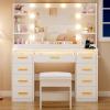 imageANWBROAD Vanity Desk with Mirror and Lights 3 Colors Large Makeup Vanity Table Set Transparent Glass Top with 9 RGB Drawers 6 Shelves Vanity Desk with Stool Power Outlet White Bedroom Women UBDT94W