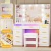 imageANWBROAD Vanity Desk with Mirror and Lights 3 Colors Large Makeup Vanity Table Set Transparent Glass Top with 9 RGB Drawers 6 Shelves Vanity Desk with Stool Power Outlet White Bedroom Women UBDT94W