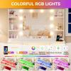 imageANWBROAD Vanity Desk with Mirror and Lights 3 Colors Large Makeup Vanity Table Set Transparent Glass Top with 9 RGB Drawers 6 Shelves Vanity Desk with Stool Power Outlet White Bedroom Women UBDT94W