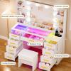 imageANWBROAD Vanity Desk with Mirror and Lights 3 Colors Large Makeup Vanity Table Set Transparent Glass Top with 9 RGB Drawers 6 Shelves Vanity Desk with Stool Power Outlet White Bedroom Women UBDT94W
