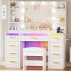 imageANWBROAD Vanity Desk with Mirror and Lights 3 Colors Large Makeup Vanity Table Set Transparent Glass Top with 9 RGB Drawers 6 Shelves Vanity Desk with Stool Power Outlet White Bedroom Women UBDT94W