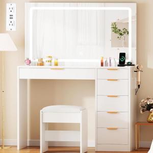 imageANWBROAD 39quot Glass Top Vanity Desk with Mirror and Lights with 6 Drawers and Charging Station3 Color Modes Adjustable White for Bedroom UBDT79A