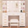 imageANWBROAD Makeup Vanity Desk with Mirror and Lights White Vanity Desk with Power Outlet 11 Drawers 9 Shelves Hair Dryer Holder 3 Color Lighting Modes Vanity Table with Stool for Bedroom Women UBDT86W