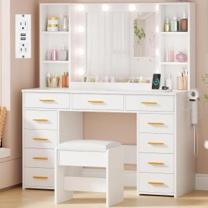 imageANWBROAD Makeup Vanity Desk with Mirror and Lights White Vanity Desk with Power Outlet 11 Drawers 9 Shelves Hair Dryer Holder 3 Color Lighting Modes Vanity Table with Stool for Bedroom Women UBDT86W