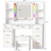 imageANWBROAD Makeup Vanity Desk with Mirror and Lights 3 Colors Large Vanity Table with 7 Drawers ampamp RGB Lights White Makeup Table with Charging Station 6 Storage Shelves Stool for Bedroom Women UBDT96W