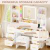 imageANWBROAD Makeup Vanity Desk with Mirror and Lights 3 Colors Large Vanity Table with 7 Drawers ampamp RGB Lights White Makeup Table with Charging Station 6 Storage Shelves Stool for Bedroom Women UBDT96W