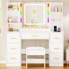 imageANWBROAD Makeup Vanity Desk with Mirror and Lights 3 Colors Large Vanity Table with 7 Drawers ampamp RGB Lights White Makeup Table with Charging Station 6 Storage Shelves Stool for Bedroom Women UBDT96W
