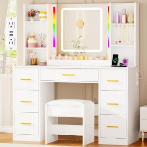 imageANWBROAD Makeup Vanity Desk with Mirror and Lights 3 Colors Large Vanity Table with 7 Drawers ampamp RGB Lights White Makeup Table with Charging Station 6 Storage Shelves Stool for Bedroom Women UBDT96W