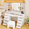 imageANWBROAD 43 Large Vanity Desk with Sliding Mirror and Lights Makeup Vanity Table with Jewelry Organizer11 Drawers6 Shelves 3Color Lights Makeup Desk with Stool and Power Outlet for Girls UBDT98X