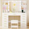 imageANWBROAD Vanity Desk with Mirror and Lights White Makeup Vanity Table Set with Glass Top 13 Drawers 7 Open Shelves 3 Colors Lights Make up Desk with Stool Power Outlet for Bedroom Women UBDT18W